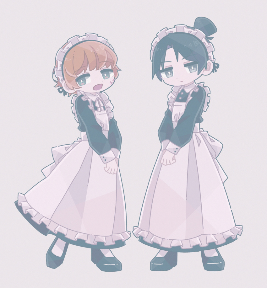 2girls, alternate_costume, apex_legends, apron, bangs, black_dress, black_footwear, black_hair