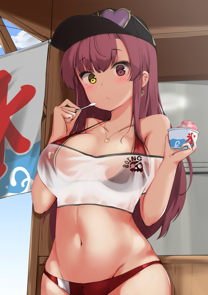 1girl, absurdres, bangs, baseball_cap, bikini, black_headwear, breasts, closed_mouth