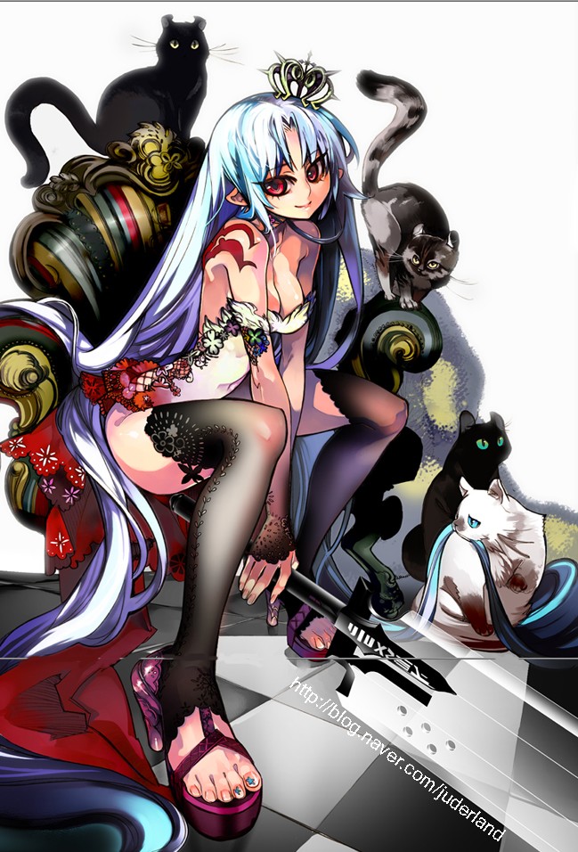 black_cat, black_legwear, blue_hair, breasts, cat, cavalier_of_the_abyss, cleavage, crown