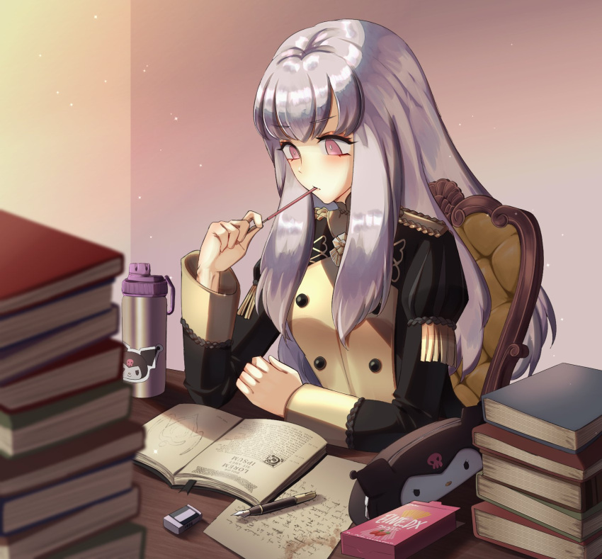1girl, bangs, book, book_stack, bottle, chair, character_print, commentary
