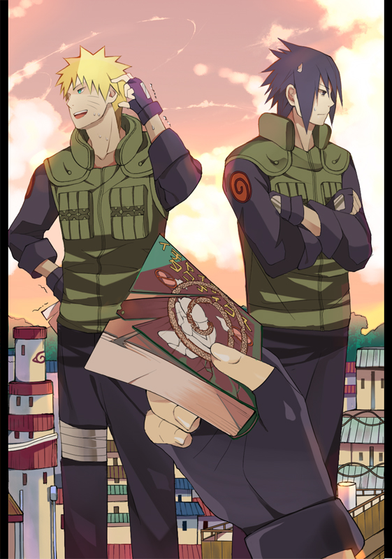 3boys, :d, arm_behind_head, black_eyes, black_gloves, black_hair, black_pants, black_shirt, blonde_hair, blue_eyes, book, city, closed_mouth, clouds, cloudy_sky, crossed_arms, fingerless_gloves, fingernails, gloves, hand_on_hip, hatake_kakashi, holding, holding_book, long_hair, long_sleeves, looking_to_the_side, midorikawamamoru, multiple_boys, naruto, naruto_(series), open_mouth, outdoors, pants, shirt, short_hair, sky, smile, sunset, uchiha_sasuke, uzumaki_naruto, vest