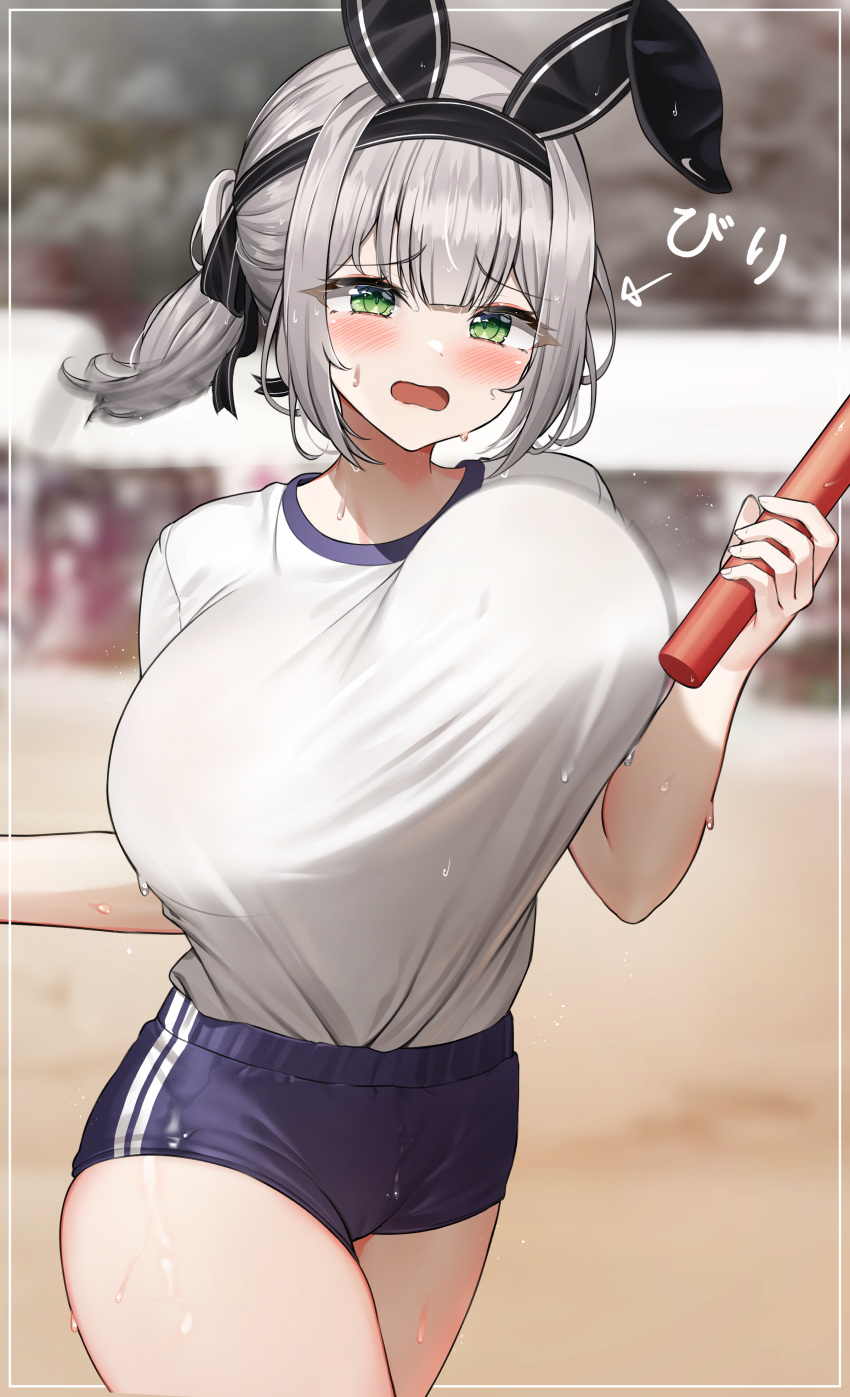 1girl, absurdres, animal_ears, bangs, black_headband, blue_shorts, blurry, blurry_background