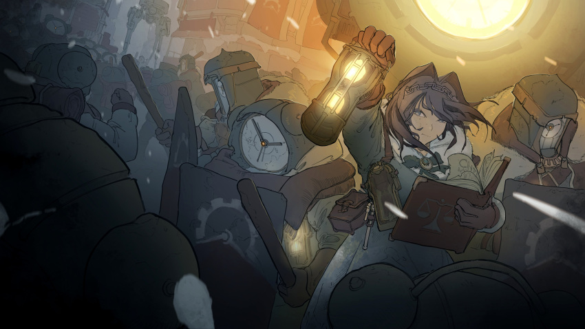 absurdres, baton_(weapon), black_hair, blue_eyes, blue_jacket, book, breasts, clock, crowd, english_commentary, frostpunk, ftsagy, gloves, highres, holding, holding_book, holding_lantern, holding_shield, holding_weapon, hololive, hololive_english, jacket, lantern, ouro_kronii, shield, short_hair, snowing, tagme, virtual_youtuber, weapon