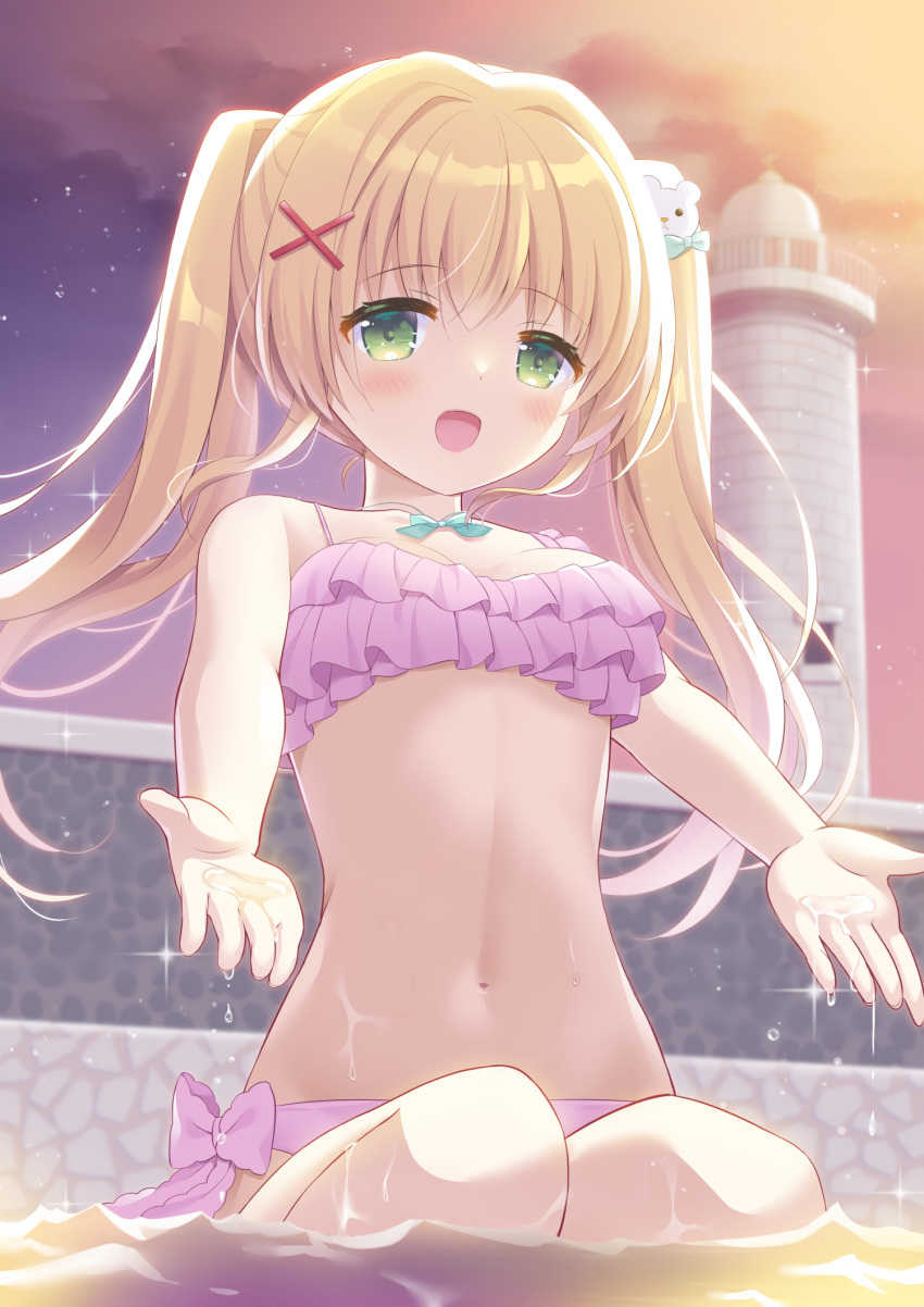 1girl, :d, bangs, bare_arms, bare_shoulders, bikini, blonde_hair, blush