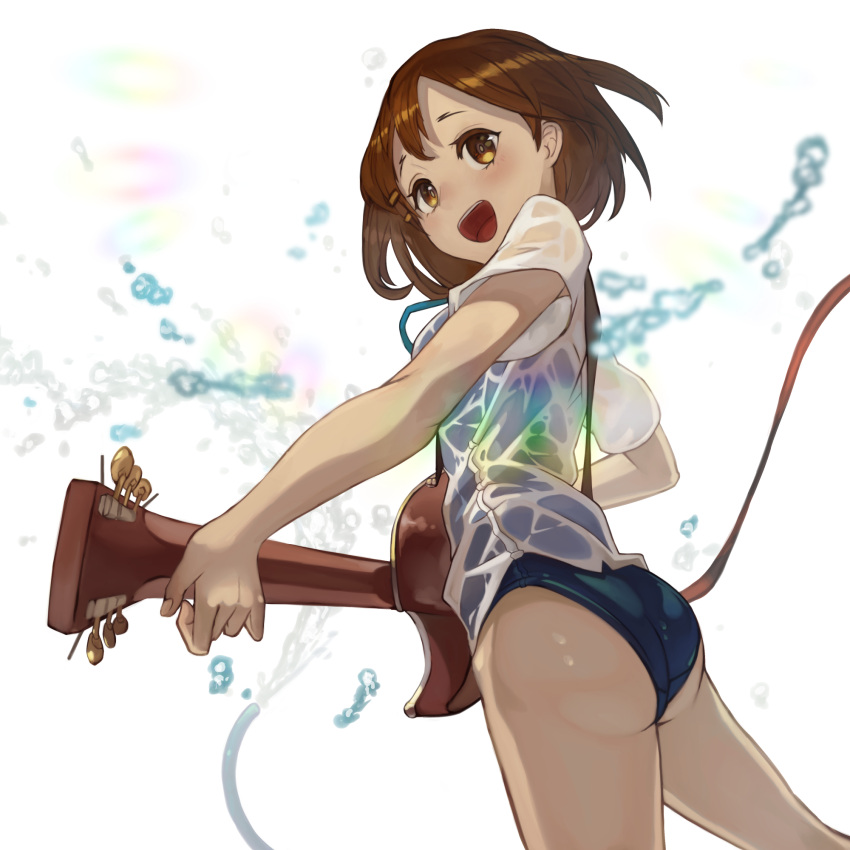1girl, :d, ass, bangs, black_swimsuit, blue_neckwear, brown_eyes, brown_hair, commentary, cowboy_shot, dress_shirt, from_behind, from_below, guitar, hair_ornament, hairclip, highres, hirasawa_yui, holding, holding_instrument, instrument, jeon_yong_ileum, k-on!, looking_at_viewer, looking_back, music, neck_ribbon, no_pants, one-piece_swimsuit, open_mouth, playing_instrument, ribbon, school_swimsuit, school_uniform, shirt, short_hair, short_sleeves, smile, splashing, standing, swimsuit, swimsuit_under_clothes, water, water_drop, wet, wet_clothes, wet_shirt, white_background, white_shirt