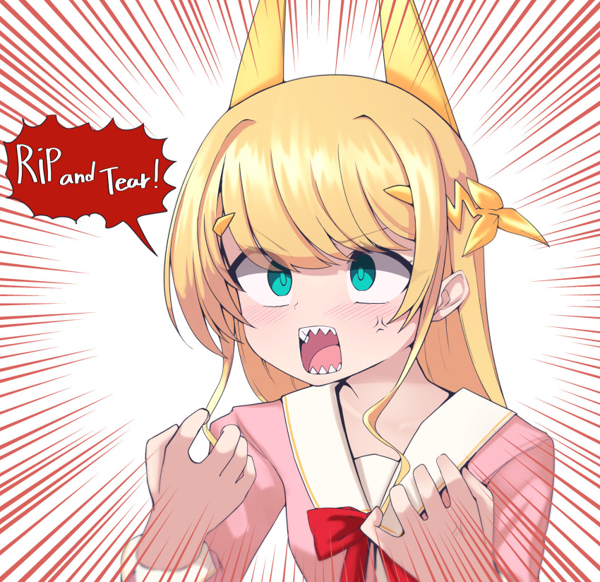 1girl, anger_vein, aqua_eyes, blonde_hair, blush, doom_(comic), doom_(series), fantasy_bishoujo_juniku_ojisan_to