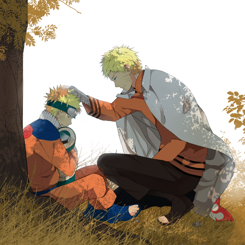 2boys, black_pants, blonde_hair, blue_eyes, boruto:_naruto_next_generations, closed_mouth, coat, crying, dual_persona, forehead_protector, full_body, grass, hand_on_another's_head, holding, jacket, midorikawamamoru, multiple_boys, naruto, naruto_(series), ninja, open_mouth, orange_jacket, orange_pants, orange_shirt, pants, sandals, scroll, shadow, shirt, sitting, smile, squatting, teeth, toes, tree, uzumaki_naruto, white_background, white_coat