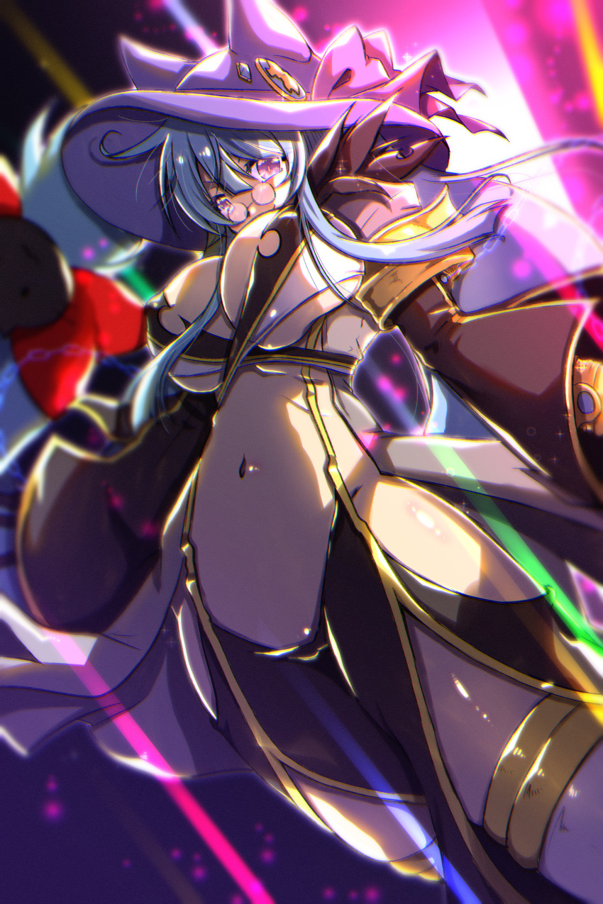 1girl, absurdres, animal_ear_headwear, bangs, black_skirt, blue_hair, breasts, closed_mouth, coat, commentary_request, commission, crossover, grey_coat, halter_top, halterneck, highres, kamihime_project, large_breasts, long_hair, looking_at_viewer, merlin_(kamihime_project), navel, pince-nez, purple_headwear, ragnarok_online, side_slit, skeb_commission, skirt, smile, solo, suspenders, tanono, thigh-highs, uneven_eyes, upper_body, violet_eyes, warlock_(ragnarok_online), white_legwear