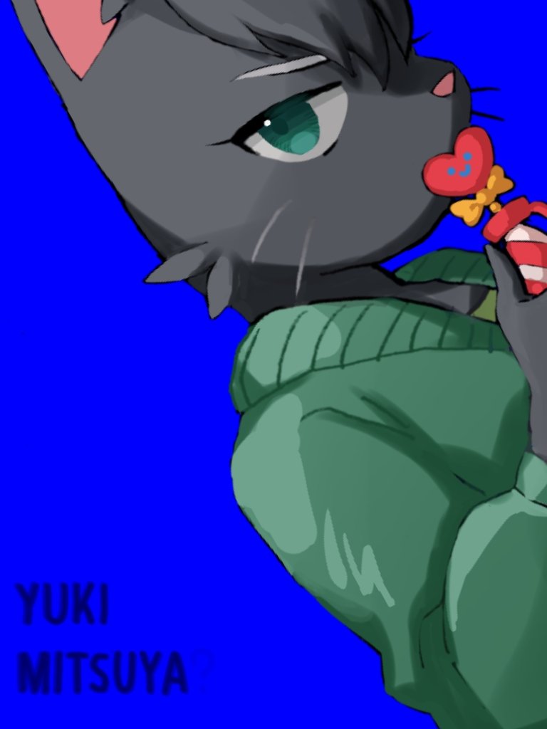 1girl, blue_background, cat, character_name, english_text, fukomo, furry, furry_female