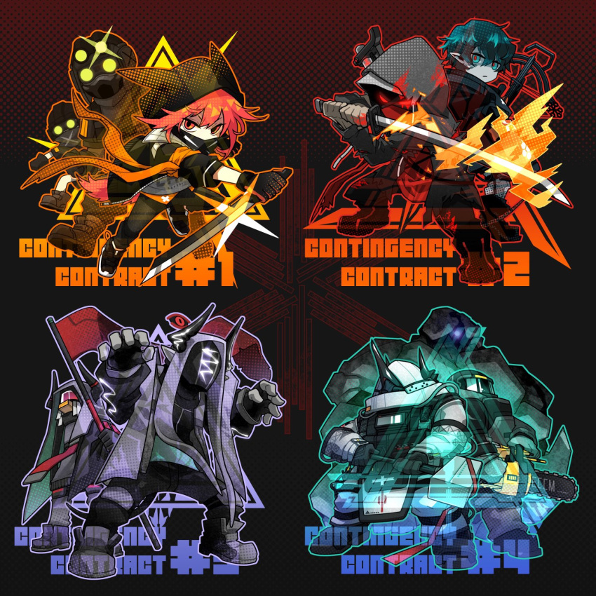2boys, 2girls, 6+others, arknights, big_bob_(arknights), chainsaw, chibi, crossbow