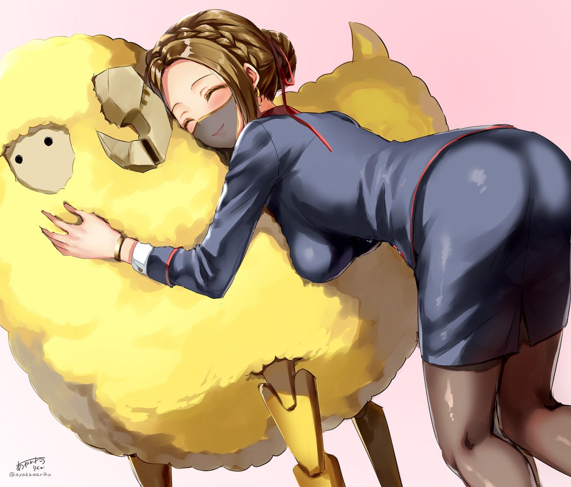 1girl, ^_^, animal_hug, artist_name, ayakawa_riku, bent_over, black_legwear, blush