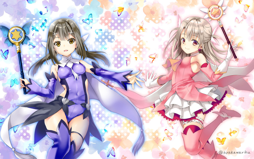 2girls, ayakawa_riku, black_hair, boots, breasts, brown_eyes, bug, butterfly, commentary_request, covered_navel, dress, fate/kaleid_liner_prisma_illya, fate_(series), gloves, holding, holding_wand, illyasviel_von_einzbern, kaleidostick, leg_garter, leotard, low_twintails, magical_girl, magical_ruby, magical_sapphire, miyu_edelfelt, multiple_girls, open_mouth, pink_dress, pink_eyes, pink_footwear, purple_legwear, purple_leotard, red_legwear, signature, silver_hair, small_breasts, smile, thigh-highs, thigh_boots, twintails, twitter_username, wand, white_gloves