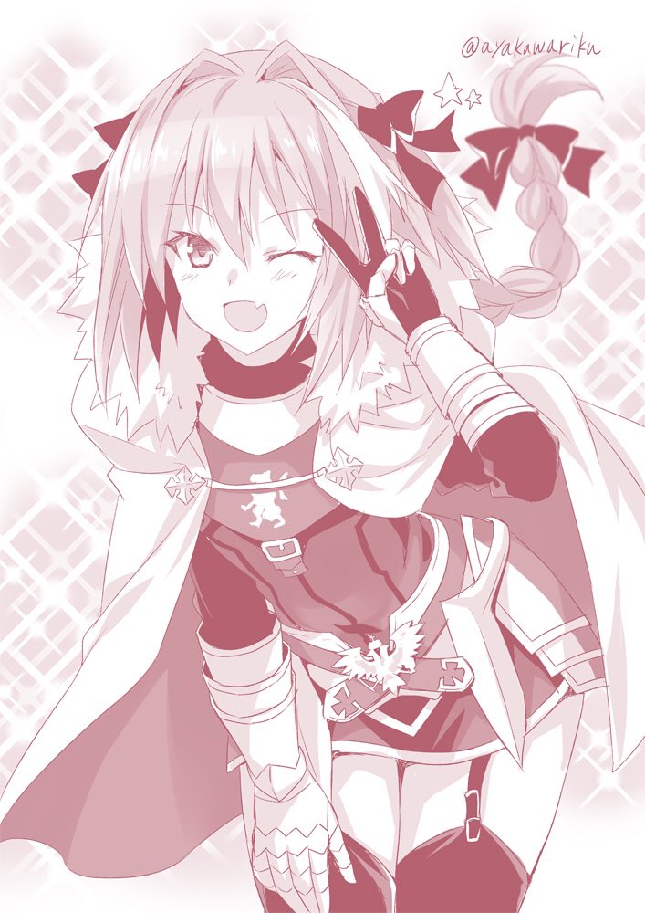 1boy, ;d, astolfo_(fate), ayakawa_riku, bow, braid, cape, commentary_request, fang, fate/grand_order, fate_(series), garter_straps, gauntlets, hair_bow, hair_intakes, hand_on_own_thigh, long_hair, low-tied_long_hair, monochrome, one_eye_closed, open_mouth, otoko_no_ko, signature, single_braid, skin_fang, smile, solo, sparkle, sparkle_background, thigh-highs, twitter_username, v