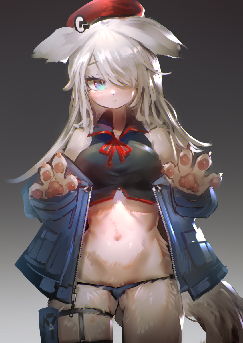 1girl, 9a-91_(girls'_frontline), animal_ears, animal_hands, beret, blue_eyes, blush, breasts