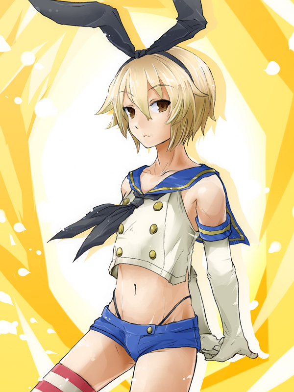 1boy, blonde_hair, brown_eyes, elbow_gloves, expressionless, fudeyama_(fudeco), g-string, genderswap