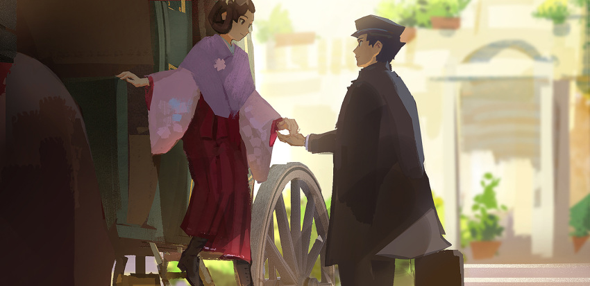 1boy, 1girl, black_hair, black_jacket, carriage, dai_gyakuten_saiban, english_commentary, gakuran