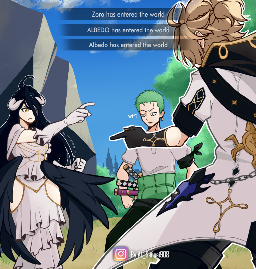 1girl, 2boys, absurdres, ahoge, al_sensei908, albedo_(genshin_impact), albedo_(overlord), bangs