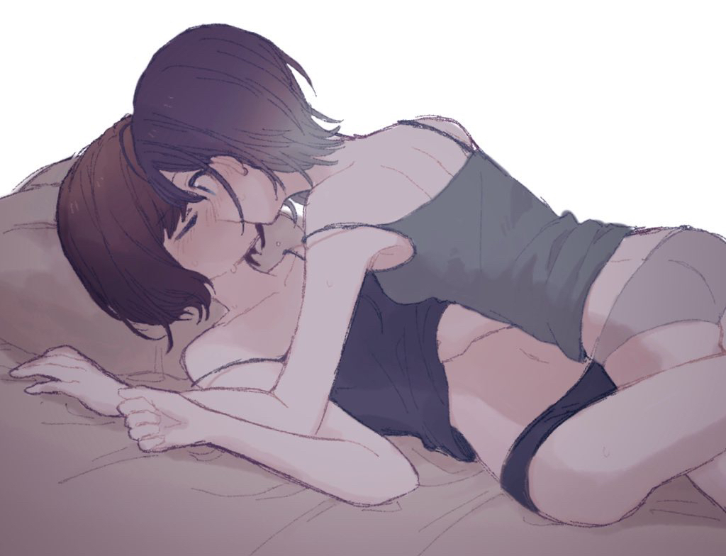2girls, asakura_tooru, bare_arms, black_camisole, black_panties, blush, brown_hair, camisole