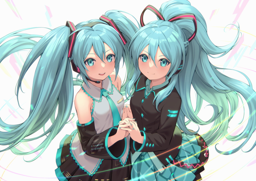 2girls, amerika_juu_pan, aqua_eyes, aqua_hair, aqua_nails, aqua_neckwear, aqua_skirt, bare_shoulders