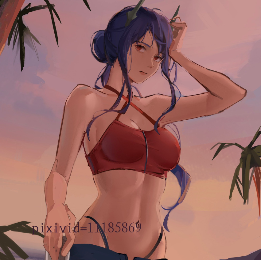 1girl, arknights, arm_up, bangs, blue_hair, breasts, ch'en_(arknights), clouds