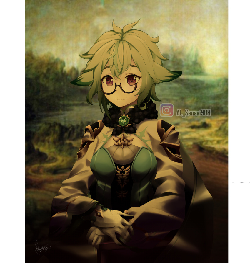 1girl, absurdres, al_sensei908, animal_ears, antenna_hair, bangs, brown_eyes, cape, commentary, crossed_arms, dog_ears, english_commentary, eyebrows_visible_through_hair, genshin_impact, glasses, gloves, green_hair, hair_between_eyes, hat, highres, long_hair, long_sleeves, looking_at_viewer, low_ponytail, mona_lisa, parody, semi-rimless_eyewear, sidelocks, smile, solo, sucrose_(genshin_impact), vision_(genshin_impact), watermark, white_gloves