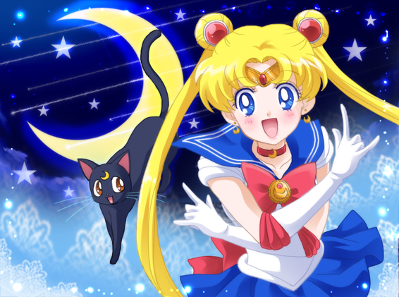 bishoujo_senshi_sailor_moon, black_cat, cat, choker, double_bun, elbow_gloves, gloves, gongitsune