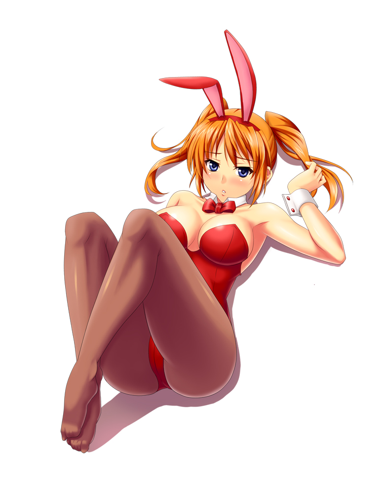 armpits, ass, blue_eyes, bowtie, breasts, bunny_ears, bunny_girl, bunnysuit, feet, large_breasts, legs, long_hair, lying, mahou_shoujo_lyrical_nanoha, mahou_shoujo_lyrical_nanoha_strikers, orange_hair, pantyhose, rabbit_ears, solo, surume_(clavis), surume_(pixiv7558), teana_lanster, twintails, wrist_cuffs