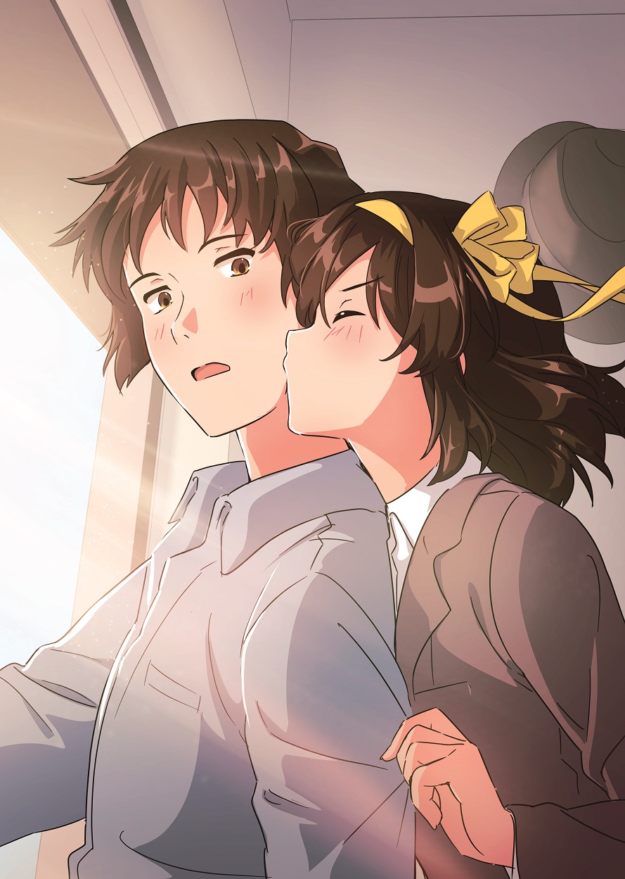 1boy, 1girl, bangs, blush, brown_eyes, brown_headwear, brown_jacket, closed_eyes
