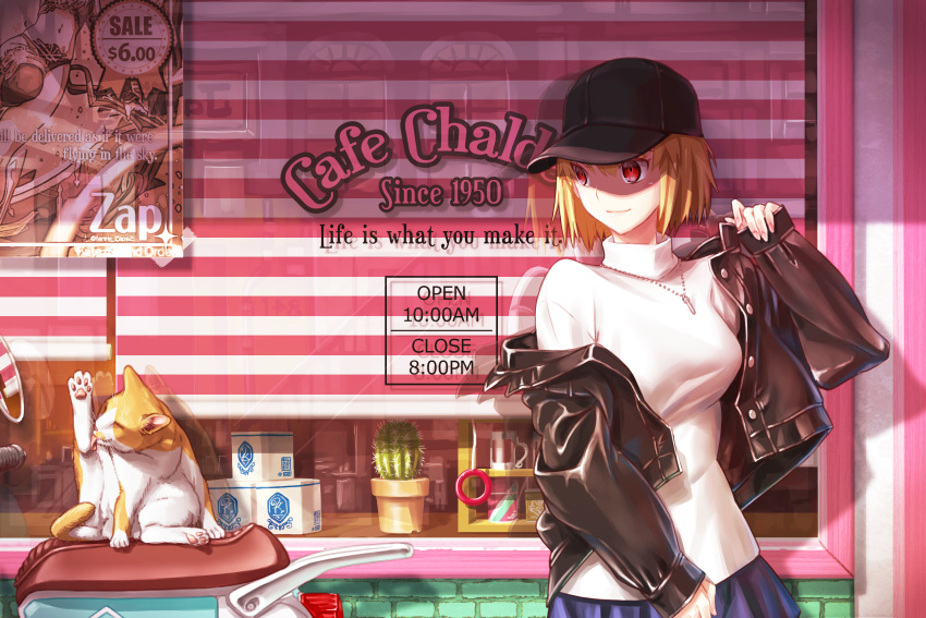 1girl, animal, arcueid_brunestud, artist_name, baseball_cap, black_headwear, black_jacket, blonde_hair, blue_skirt, breasts, cactus, casual, cat, closed_mouth, commentary_request, english_text, fate/grand_order, fate_(series), fingernails, hat, highres, ishtar_(fate), ishtar_(fate)_(all), jacket, jewelry, licking, licking_paw, lips, long_sleeves, looking_to_the_side, medium_breasts, miniskirt, nail_polish, necktie, open_clothes, open_jacket, outdoors, pink_nails, red_eyes, removing_jacket, shadow, short_hair, sitting, skirt, smile, sweater, tongue, tongue_out, tsukihime, tsukihime_(remake), turtleneck, turtleneck_sweater, twitter_username, upper_body, vampire, vase, white_sweater, zap