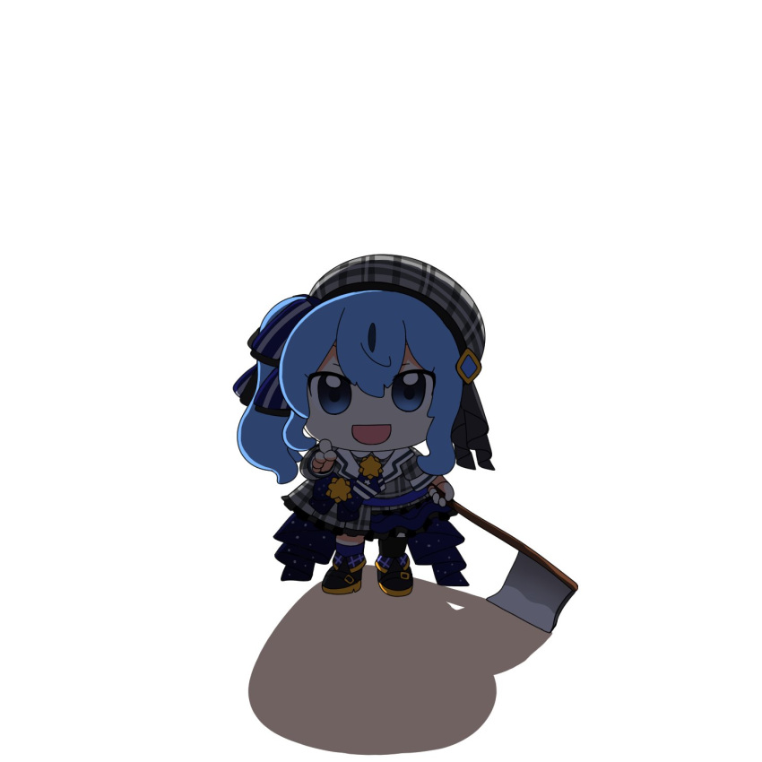 1girl, animegao, axe, blue_eyes, blue_hair, cosplay, full_body, hat