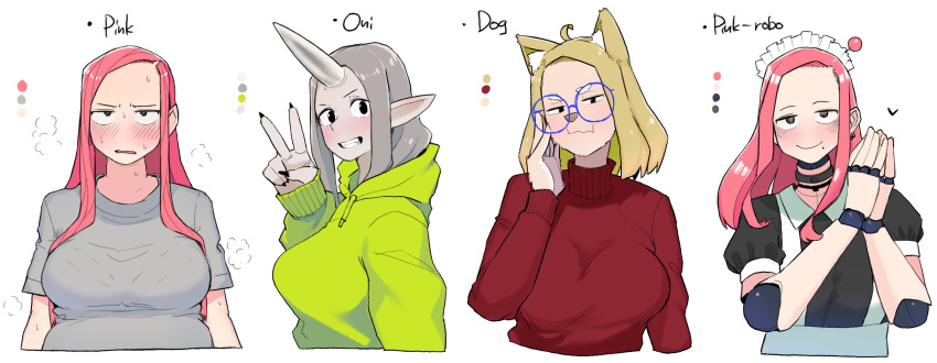 4girls, absurdres, ahoge, android, animal_ears, apron, black_eyes, blonde_hair