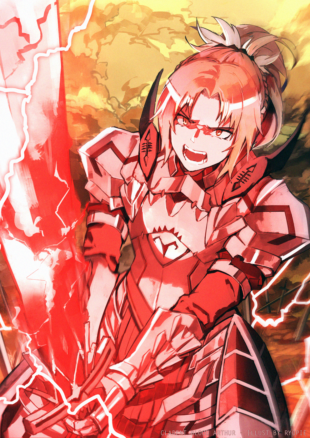 1girl, armor, blonde_hair, braid, breastplate, clarent_(fate), commentary_request, electricity