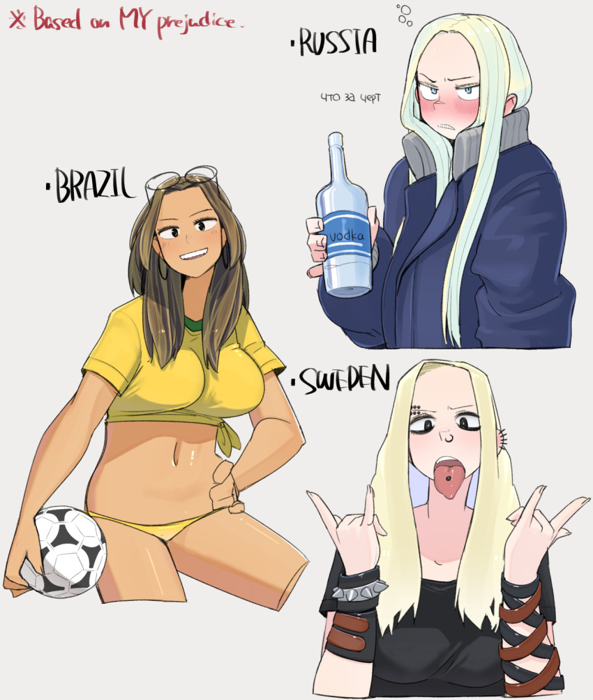 3girls, \m/, air_bubble, alcohol, annoyed, ball, bikini, bikini_bottom