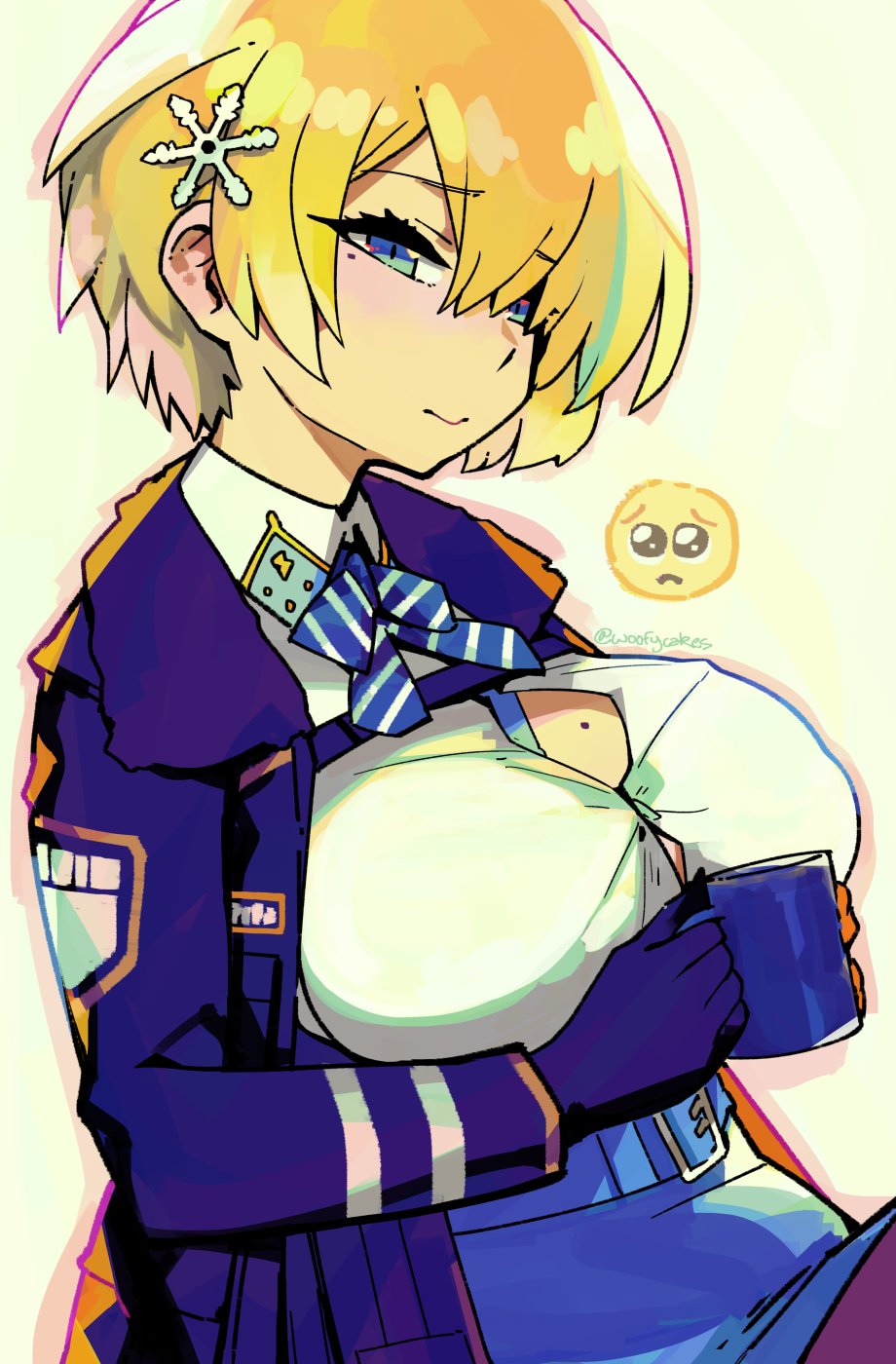 1girl, black_jacket, blonde_hair, blue_eyes, blue_ribbon, blue_skirt, breasts, cup