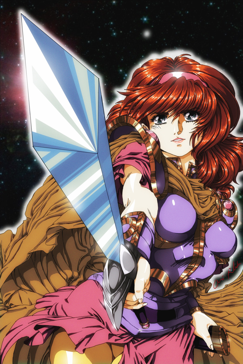 1980s_(style), 1girl, 2010, absurdres, aiming_at_viewer, alisa_landeel, armor, breasts