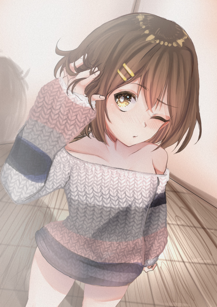 1girl, absurdres, brown_hair, collarbone, cowboy_shot, dutch_angle, hair_ornament, hairclip, hand_in_hair, highres, hirasawa_yui, huge_filesize, indoors, k-on!, knit_sweater, meemz_a, off-shoulder_sweater, off_shoulder, one_eye_closed, shadow, short_hair, sleeves_past_wrists, solo, standing, sweater