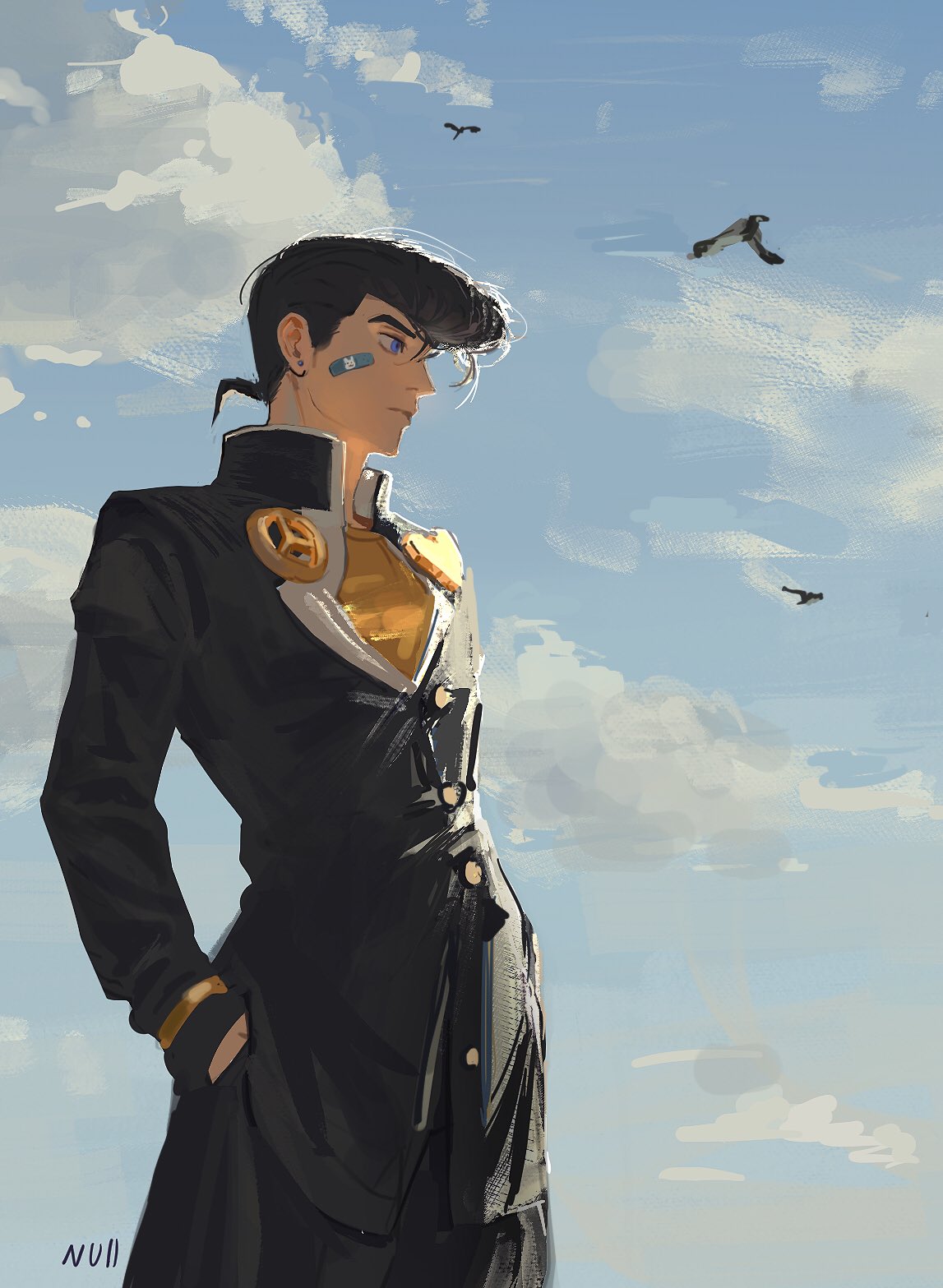 1boy, bird, black_hair, black_jacket, black_pants, blue_eyes, buttons, clouds