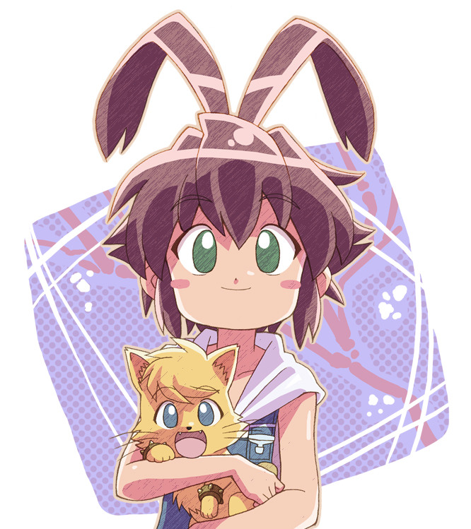 antenna_hair, blue_eyes, blush_stickers, brown_hair, dog, green_eyes, holding, liru