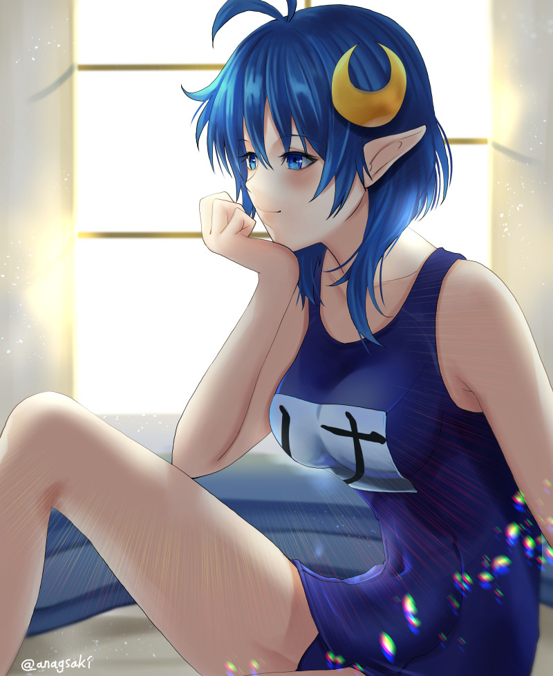 1girl, ahoge, aona_(anagasaki), blue_eyes, blue_hair, breasts, closed_mouth, crescent
