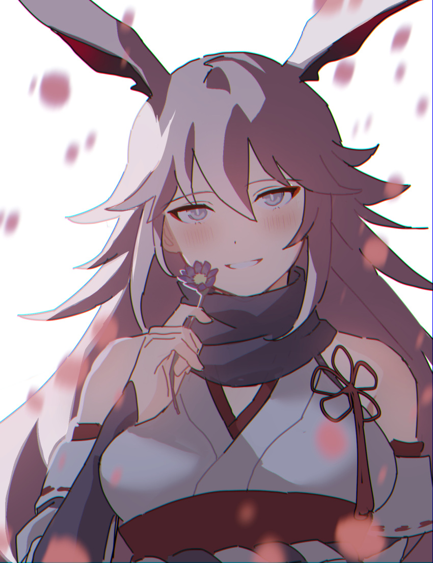 1girl, animal_ears, bangs, bare_shoulders, blurry, blurry_foreground, flower, fox_ears