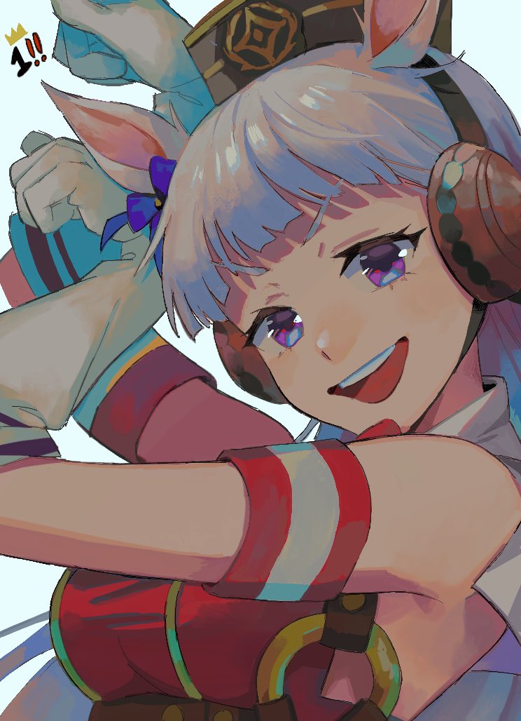 1girl, animal_ears, bangs, blunt_bangs, elbow_gloves, gloves, gold_ship_(umamusume), hat