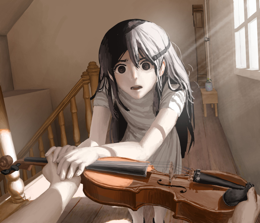 1girl, absurdres, alavyx, black_eyes, black_hair, colored_skin, dress, highres
