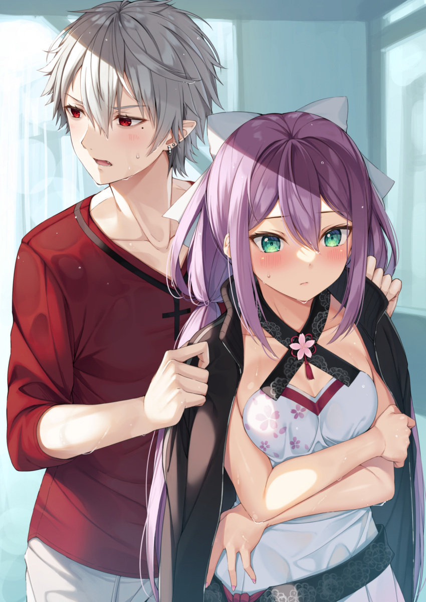 1boy, 1girl, blush, bow, collarbone, ear_piercing, eyebrows_visible_through_hair, fang