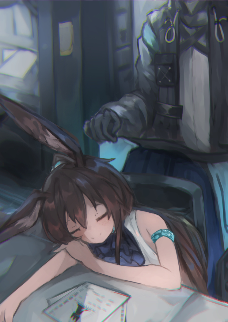 1girl, 1other, ambiguous_gender, amiya_(arknights), animal_ears, arknights, armband, ascot