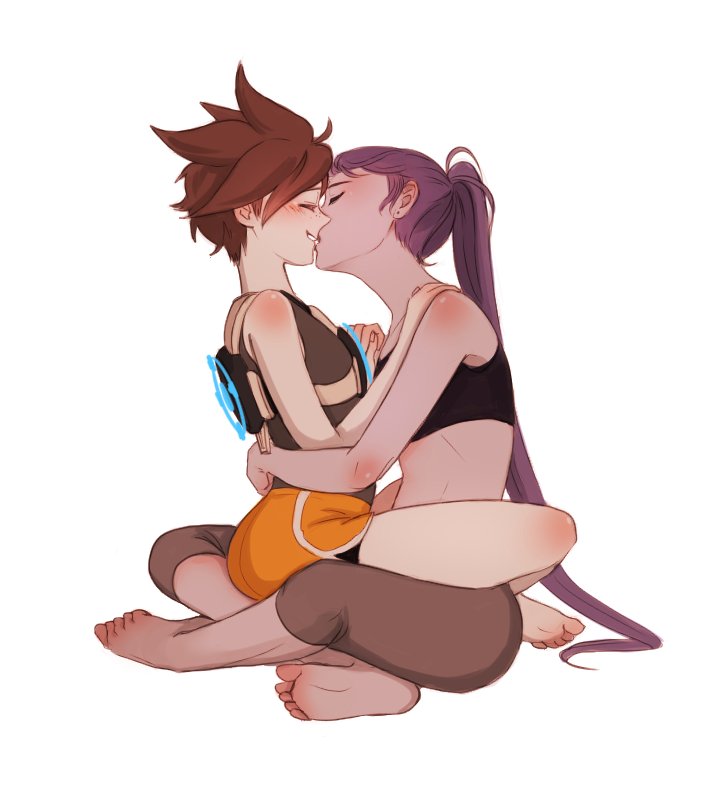 2girls, alternate_costume, bangs, bare_shoulders, barefoot, blush, brown_hair, chest_harness, closed_eyes, collarbone, crop_top, earrings, freckles, from_side, full_body, grey_shirt, grey_shorts, harness, hug, jewelry, kiss, long_hair, multiple_girls, no_goggles, orange_shorts, overwatch, parted_bangs, perio_67, ponytail, purple_hair, shirt, short_hair, short_shorts, shorts, simple_background, sitting, sleeveless, sleeveless_shirt, smile, spiky_hair, tracer_(overwatch), white_background, widowmaker_(overwatch), yuri