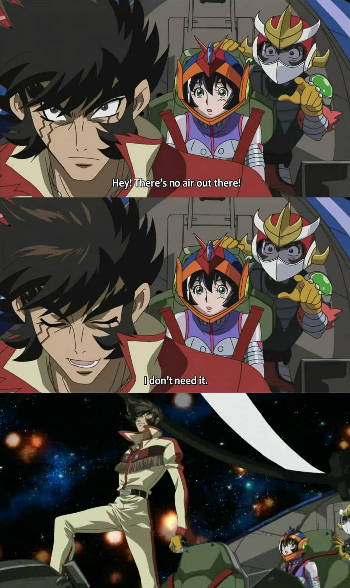 1girl, 2boys, cyborg, epic, helmet, kaidou_ken, koutetsushin_jeeg, kusanagi_kenji, manly, multiple_boys, screencap, shiba_hiroshi, sideburns, space, subtitled, tamashiro_tsubaki, truth