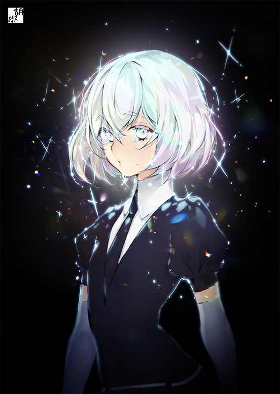 1other, alpha_signature, androgynous, bangs, black_background, black_neckwear, collar, collared_shirt