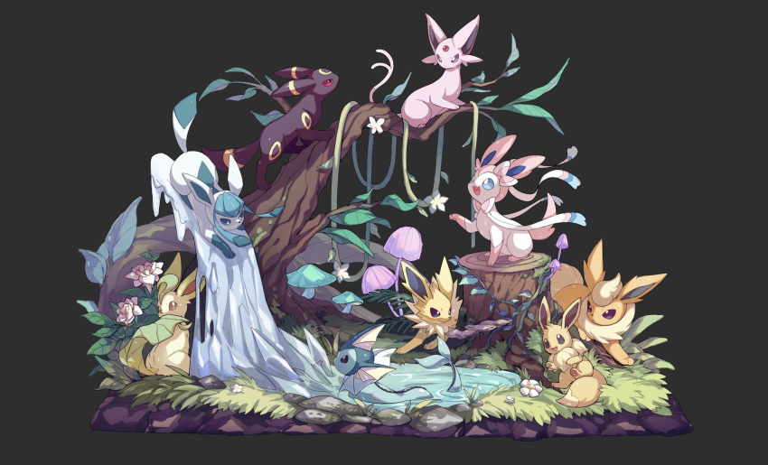 branch, commentary_request, eevee, espeon, evolutionary_line, flareon, flower, gen_1_pokemon, gen_2_pokemon, gen_4_pokemon, gen_6_pokemon, glaceon, grass, grey_background, highres, ice, jolteon, lanjiujiu, leafeon, looking_down, mushroom, no_humans, open_mouth, pokemon, pokemon_(creature), smile, stone, sylveon, umbreon, vaporeon, water, white_flower