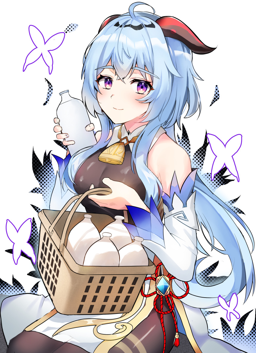 1girl, absurdres, ahoge, bangs, bare_shoulders, basket, bell, blue_hair