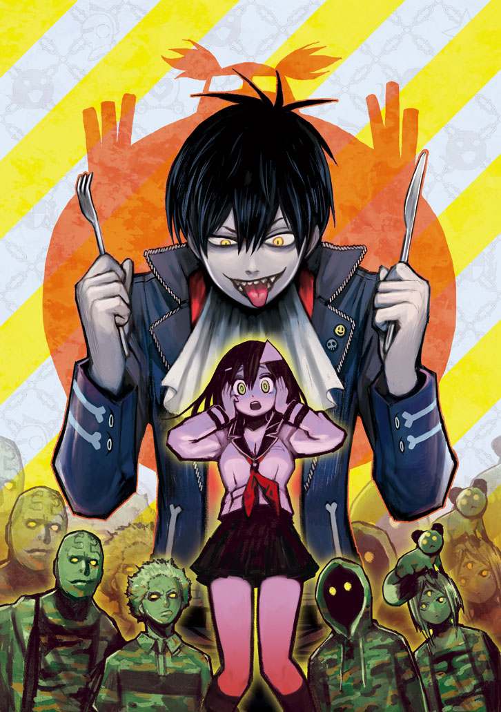 blood_lad, fork, green_eyes, hoodie, knife, kodama_yuuki, male, school_uniform, serafuku, tongue, what